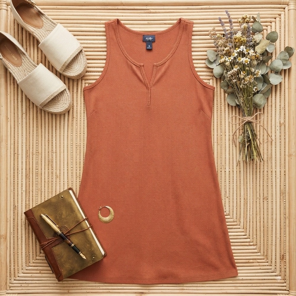 Daytrip Womens Rust Orange Ribbed Knit Sleeveless Notched V-Neck A-Line Dress M